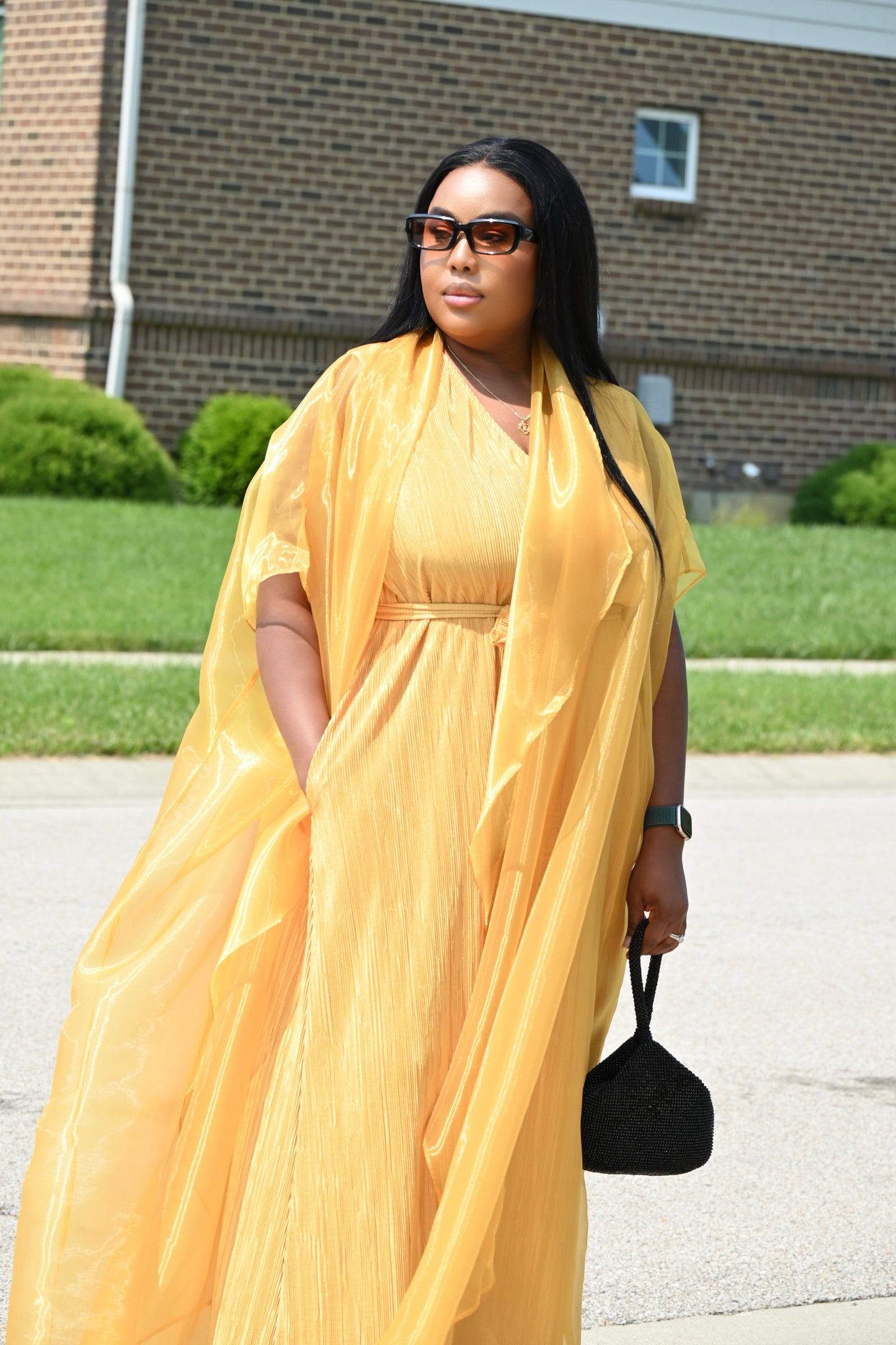 2PC Elegant Golden Yellow Jumpsuit With Flowing Jacket