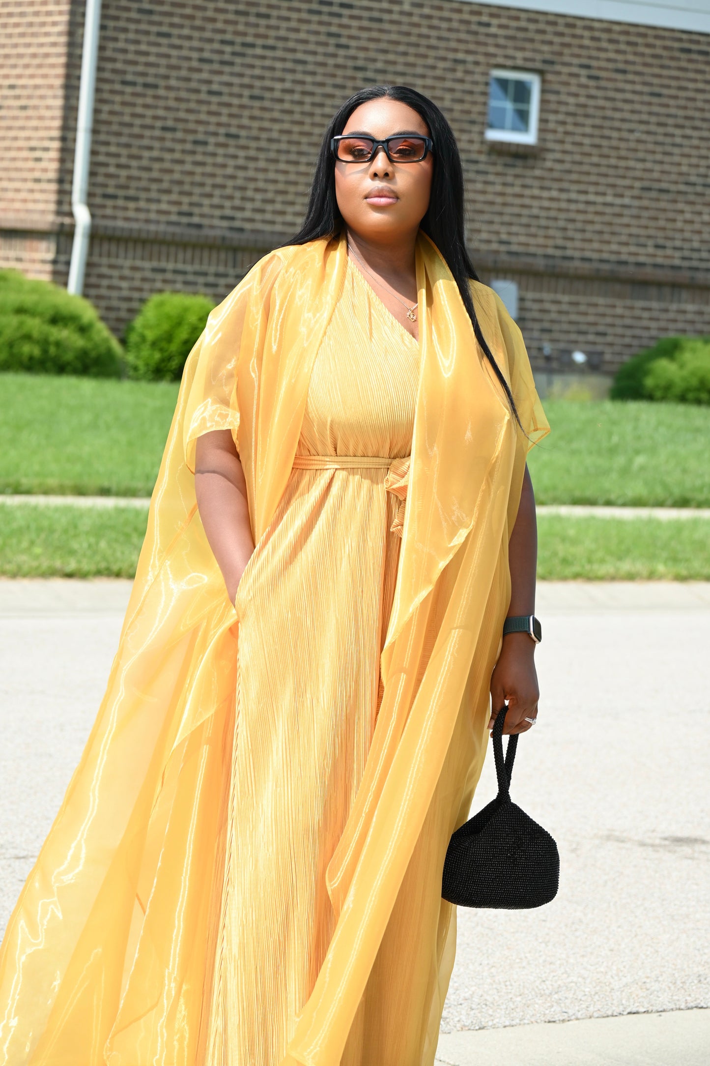 2PC Elegant Golden Yellow Jumpsuit With Flowing Jacket