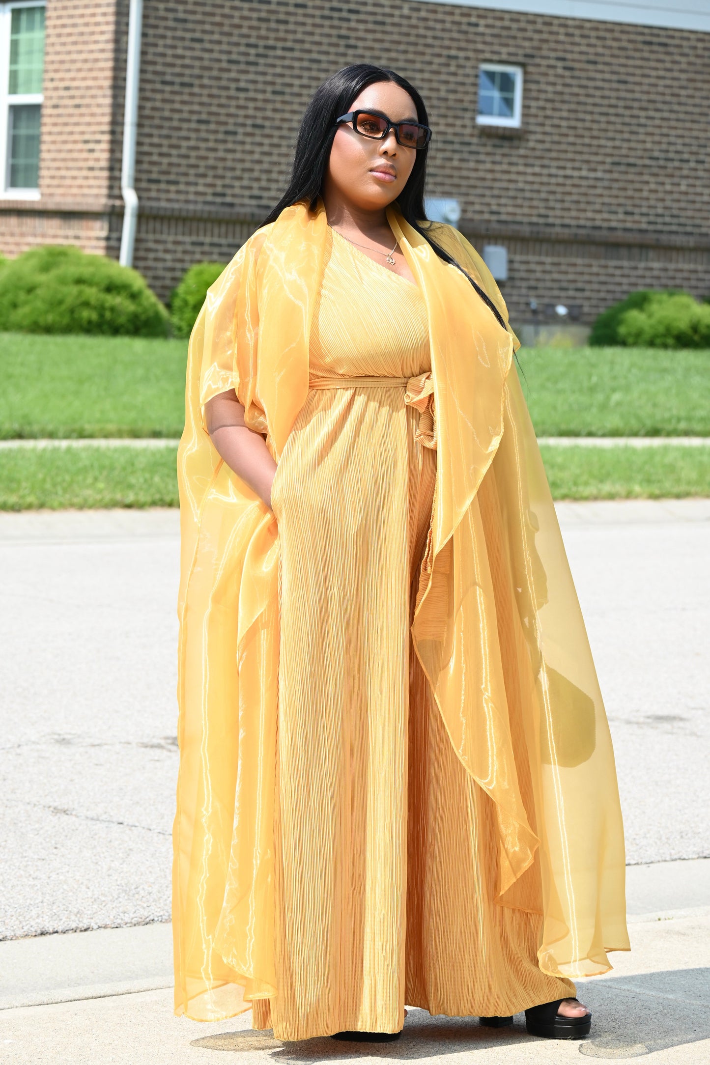 2PC Elegant Golden Yellow Jumpsuit With Flowing Jacket