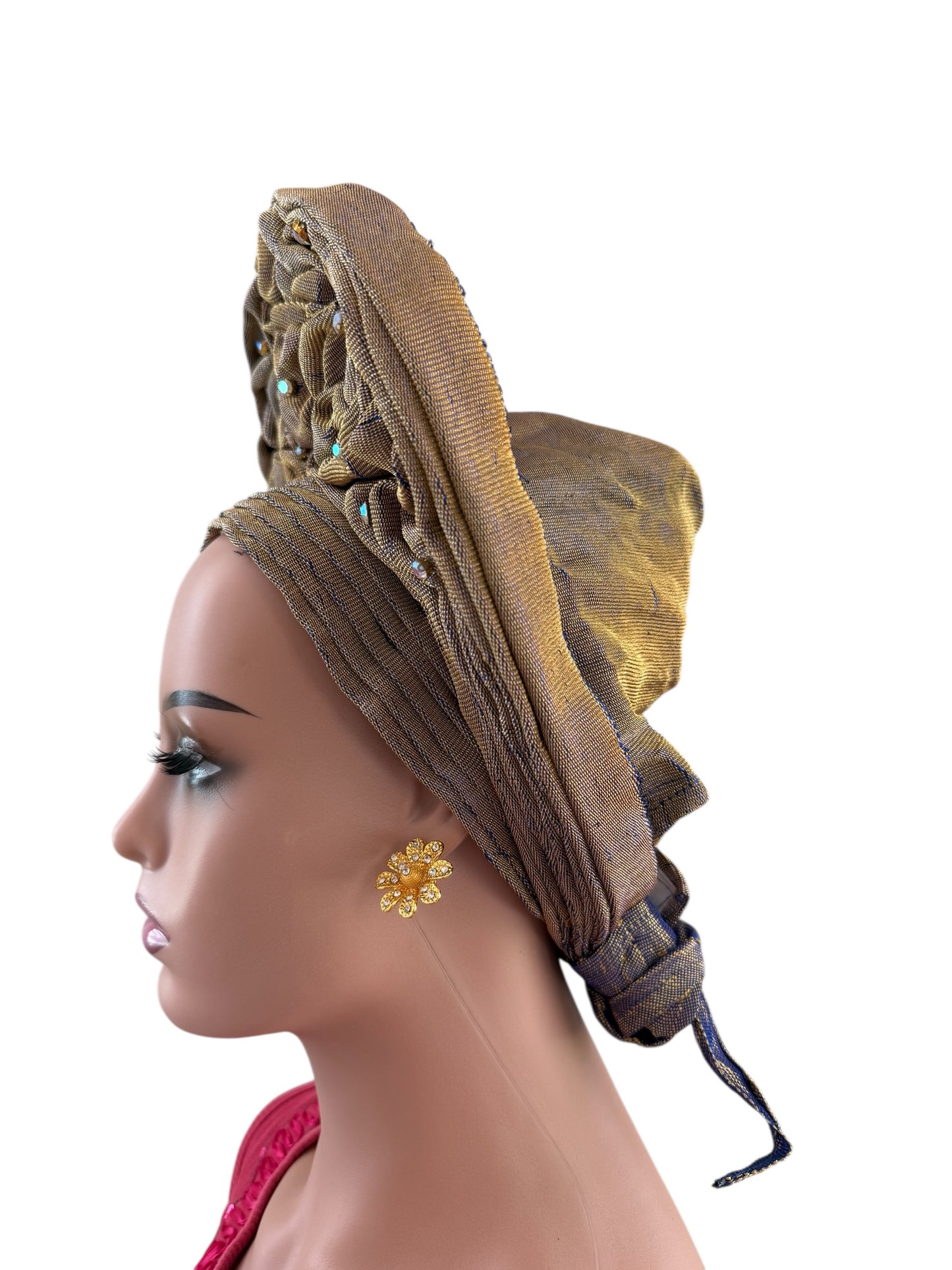 Gold and Blue Shad Aso Oke Auto Gele
