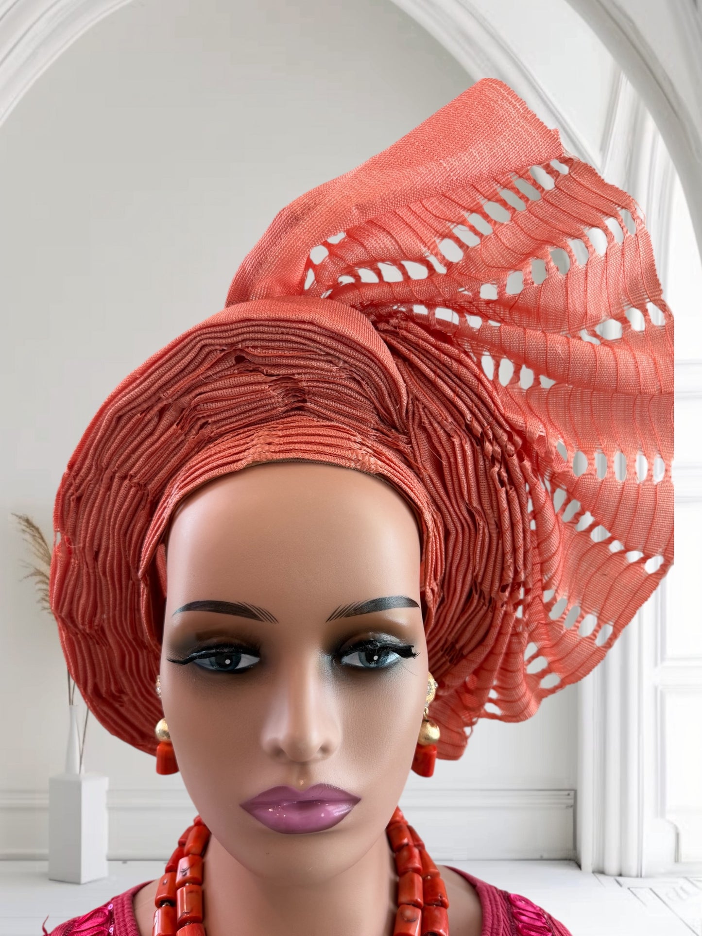 Peach Perforated Aso Oke Auto Gele