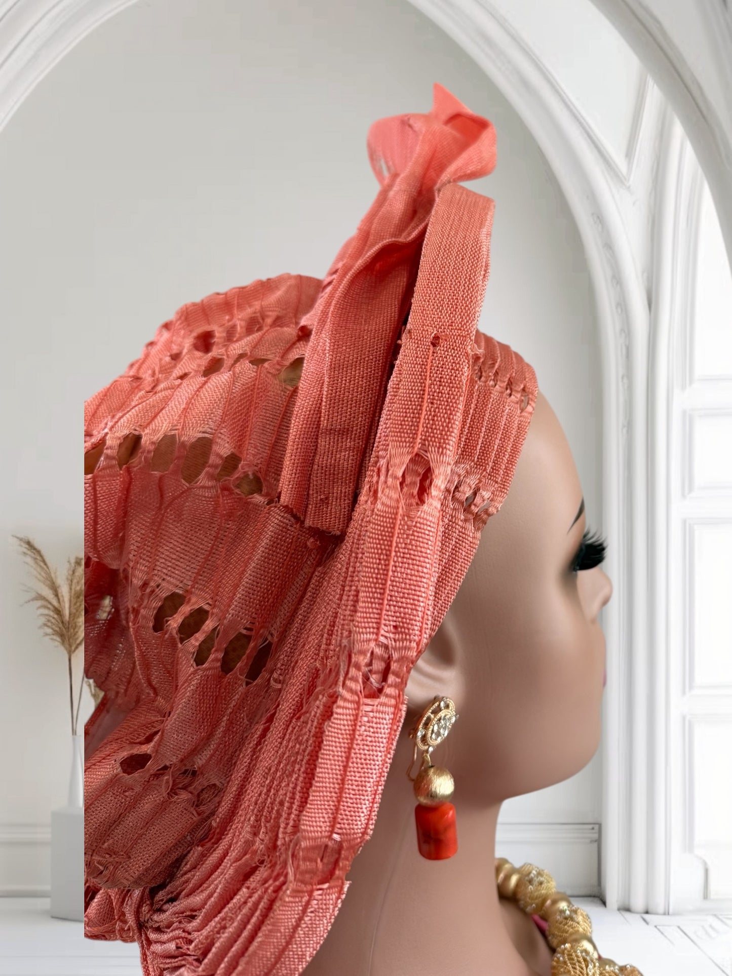 Peach Perforated Aso Oke Auto Gele