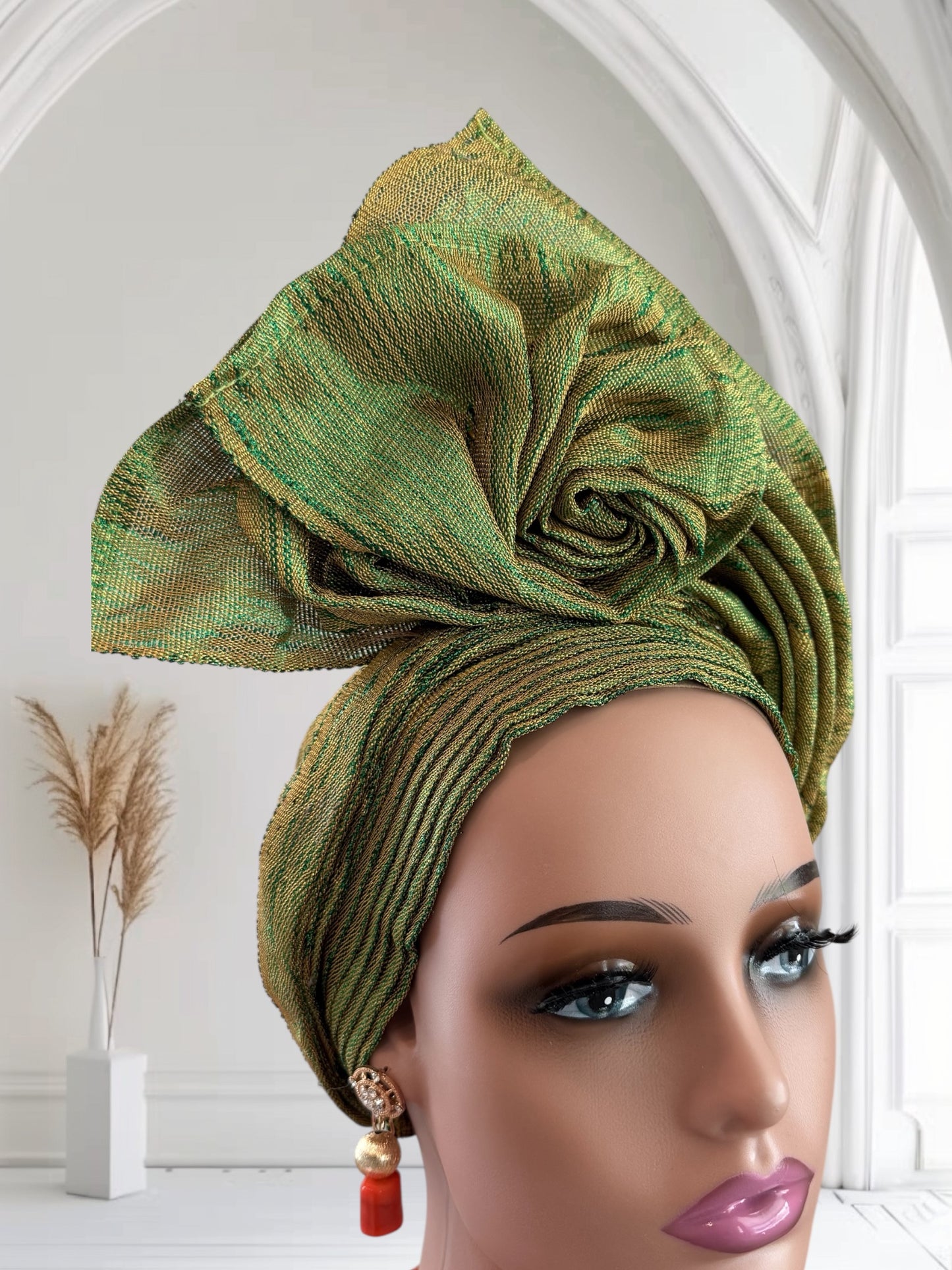 Green and Gold Aso Oke Auto Gele