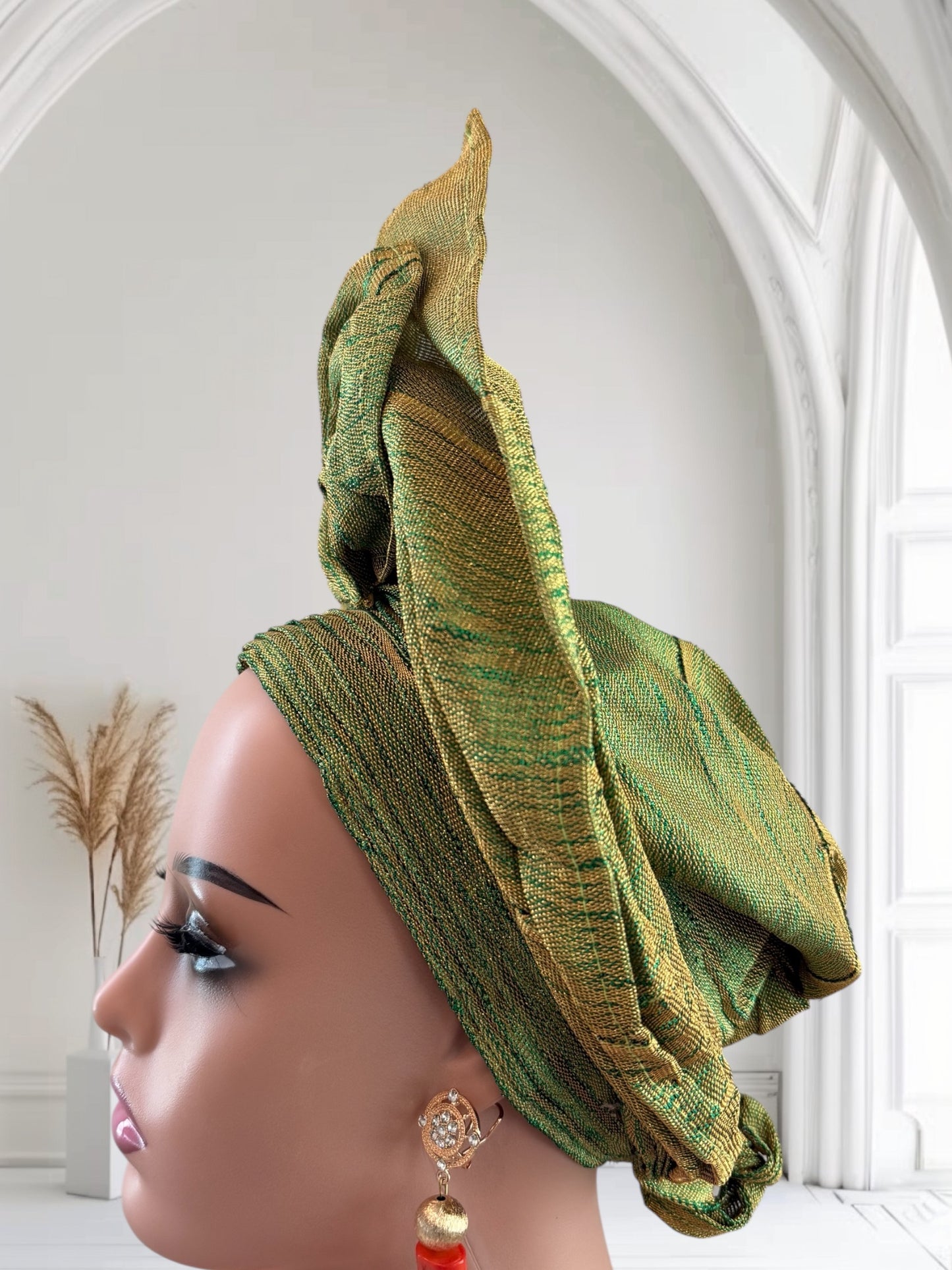 Green and Gold Aso Oke Auto Gele