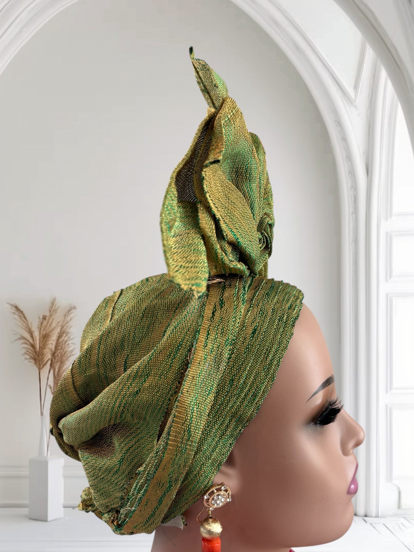 Green and Gold Aso Oke Auto Gele