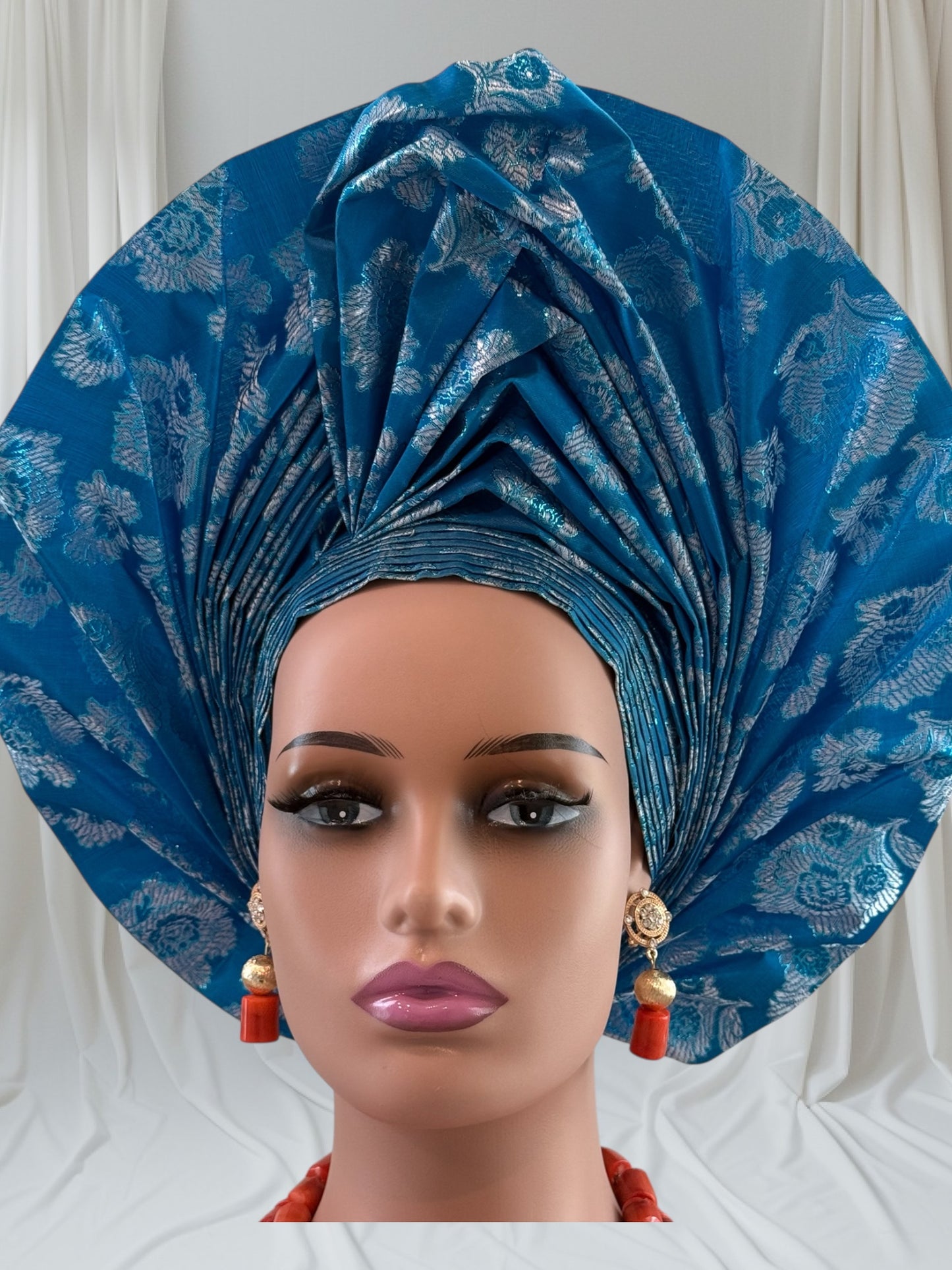 Elegant Turquoise Blue Sego Auto Gele