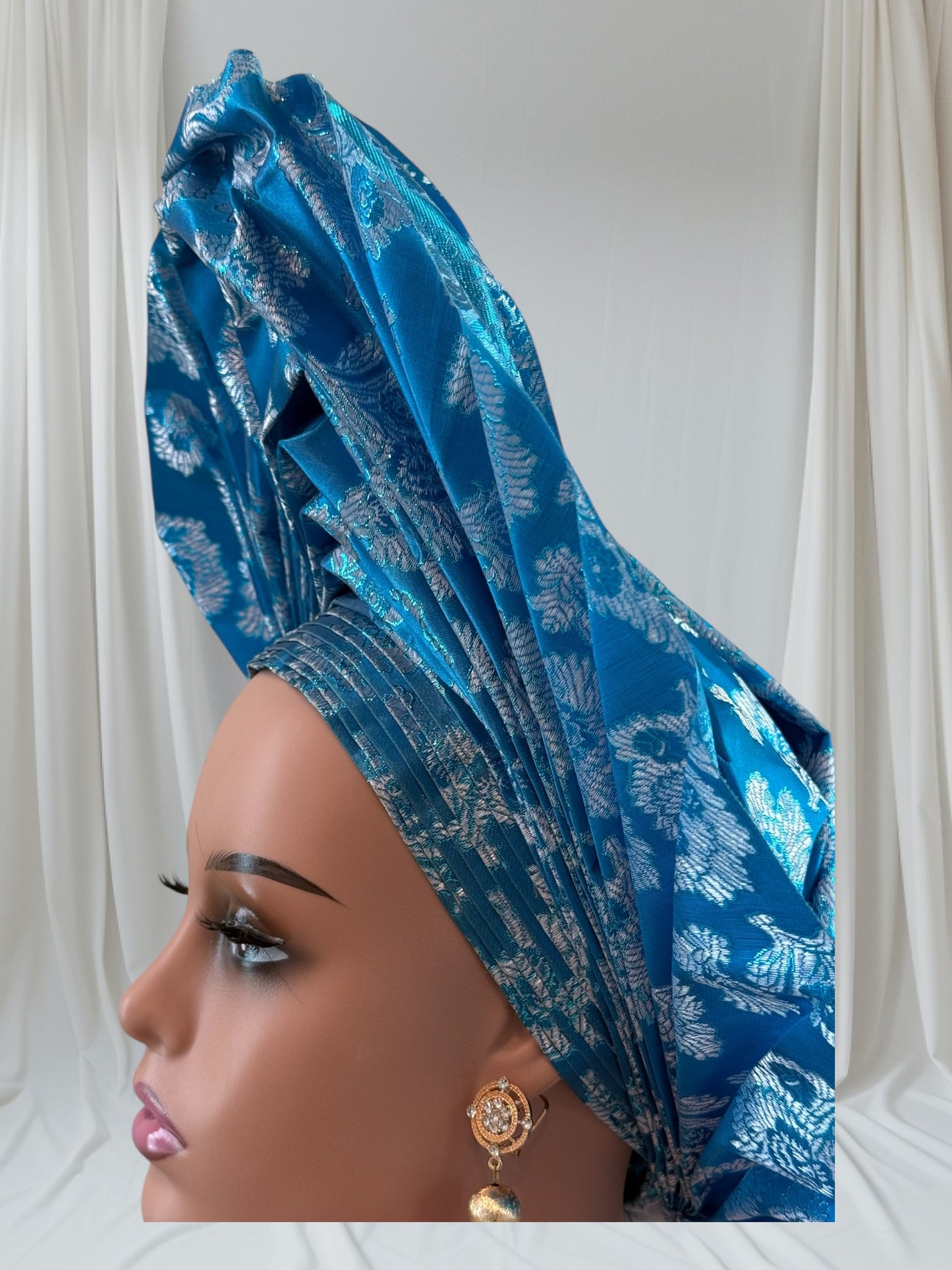Elegant Turquoise Blue Sego Auto Gele