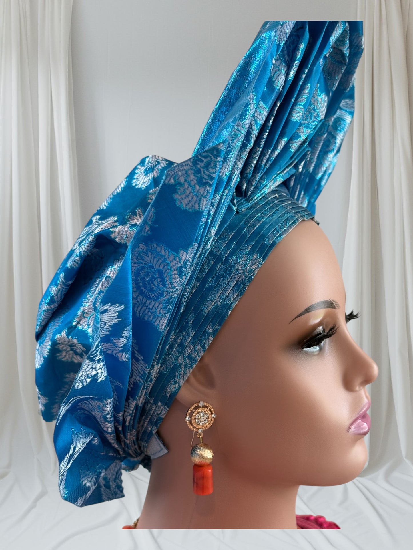 Elegant Turquoise Blue Sego Auto Gele