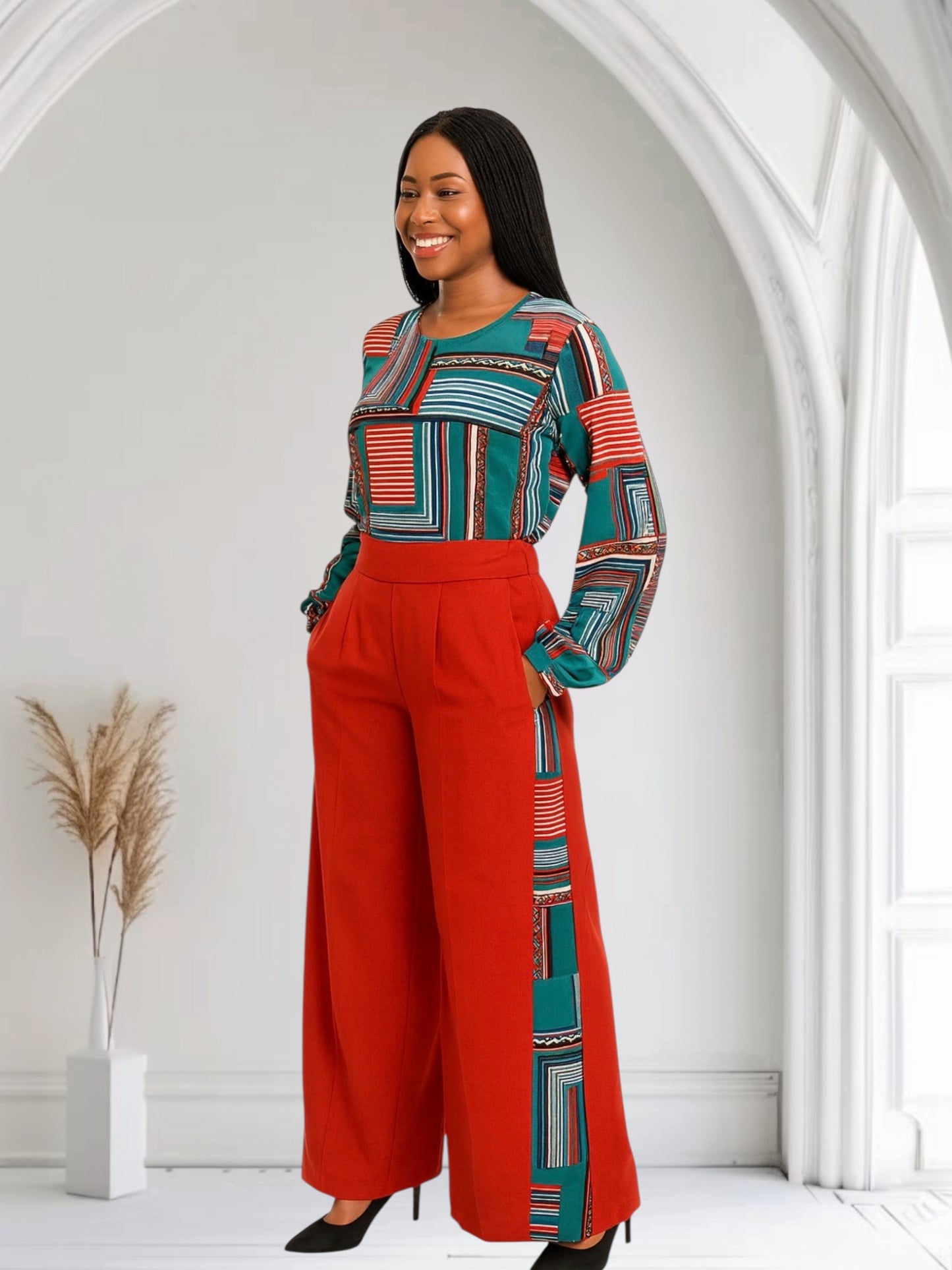 CRZ Crepe Fabric Abstract Bloom Two-Piece Set Top and Pant Trouser Detailed Side Design