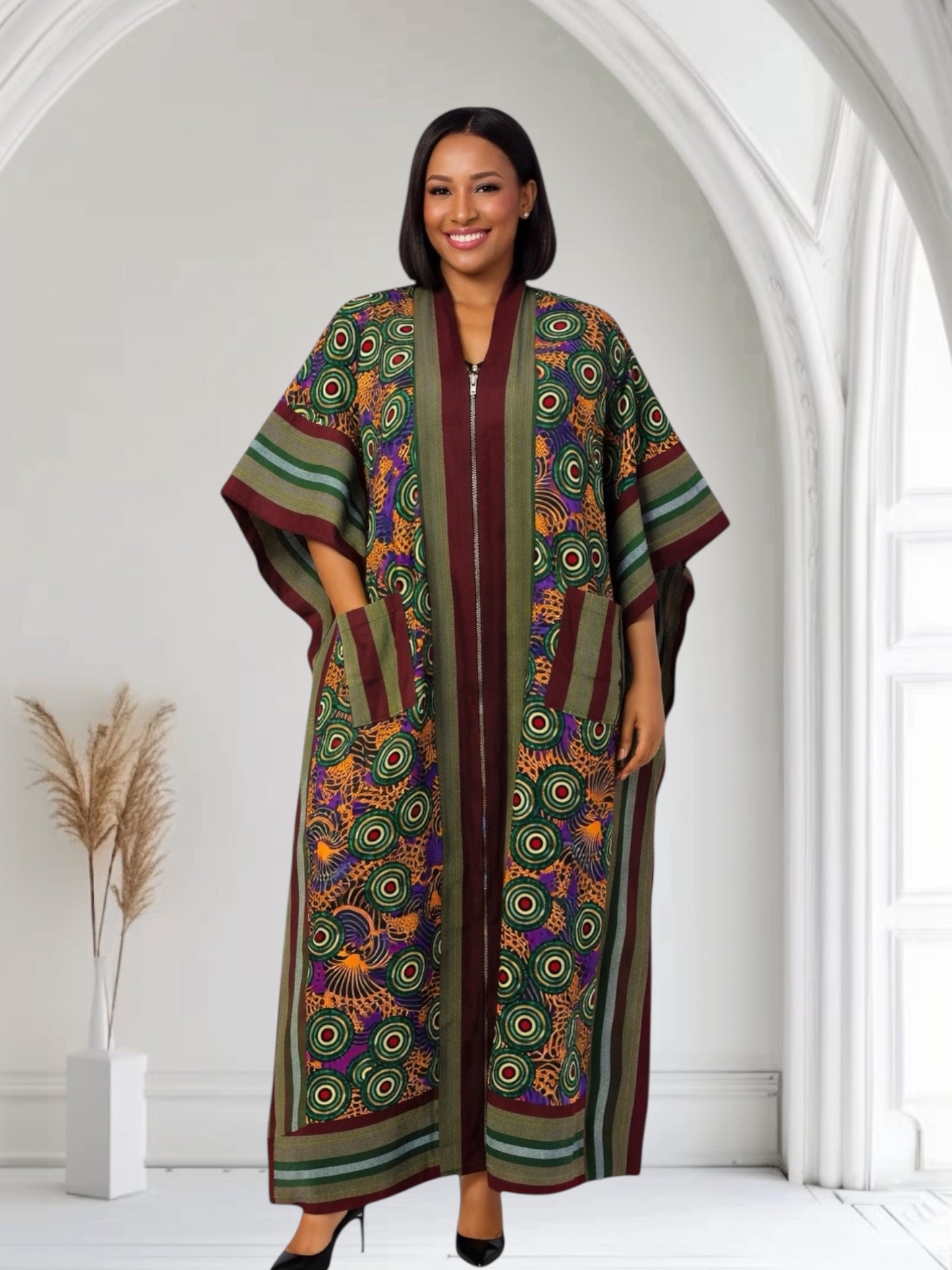 CRZ African Ankara Long Kimono Kaftan Design With Aso Oke Fabric