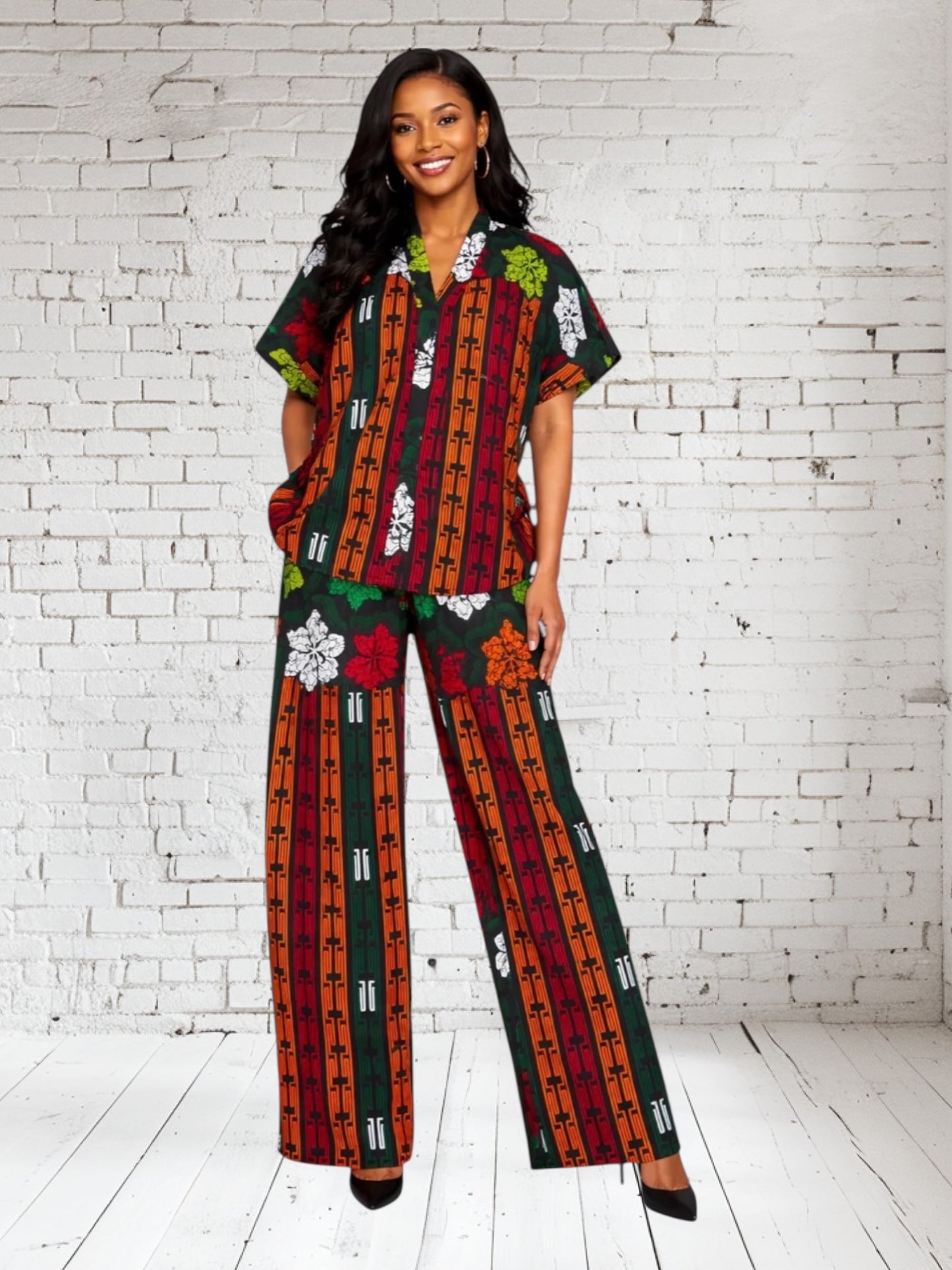 CRZ Elegant African Print Top With Side Draw String and Palazzo Pant Trousers