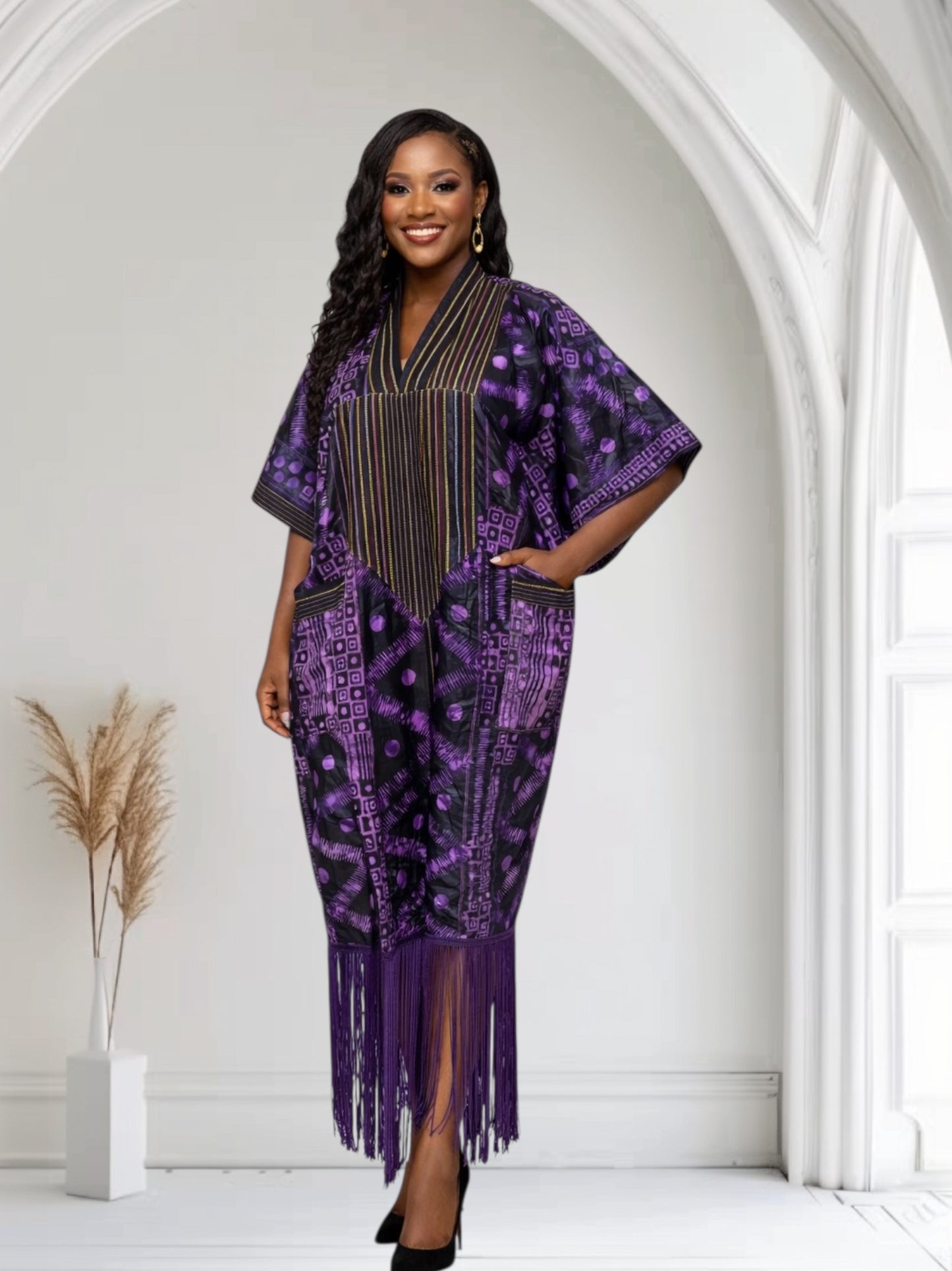 CRZ Elegant Adire African Kaftan Dress With Fringe Hem