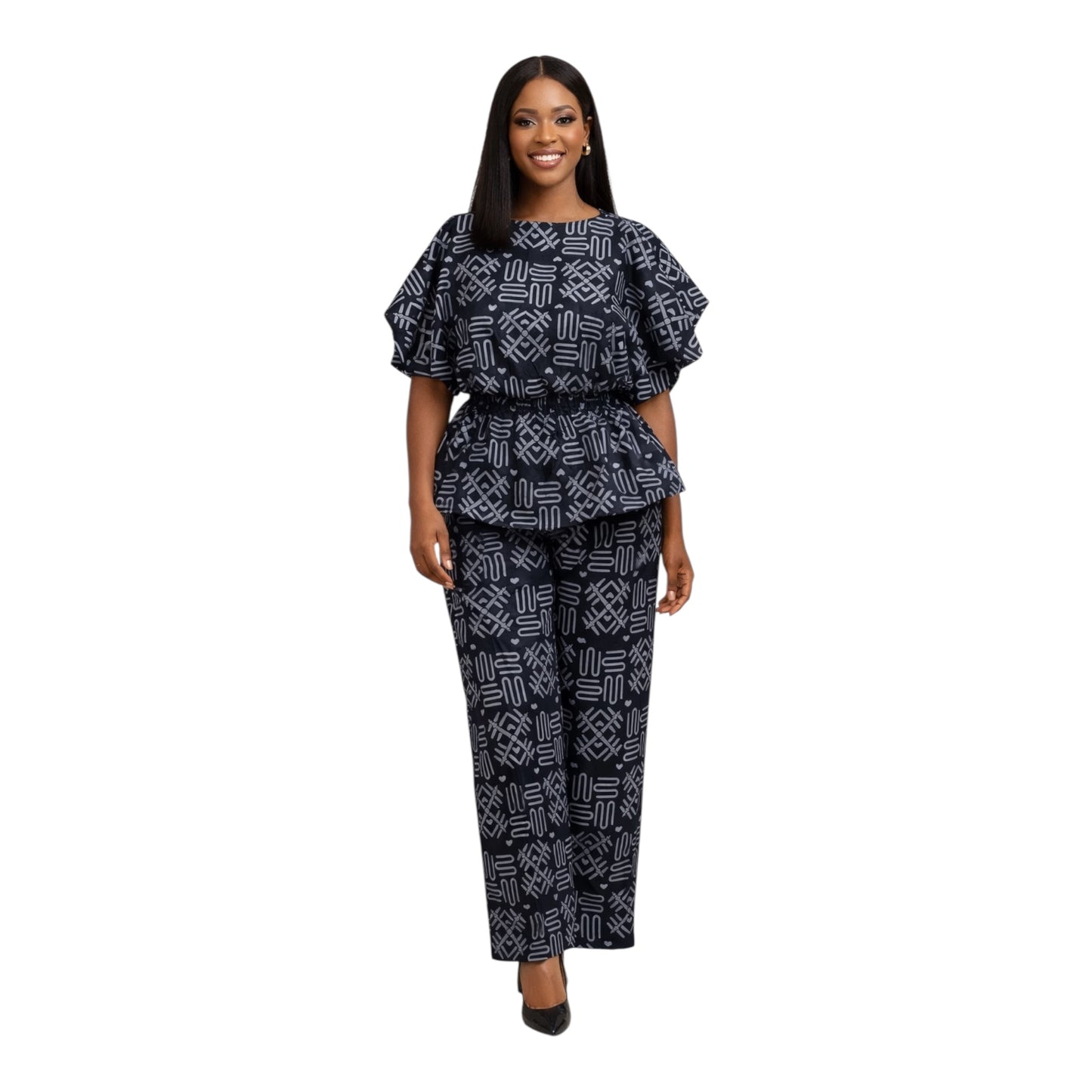 Crescenza Elegant Peplum Top With Smoke Waist and Pant Trouser