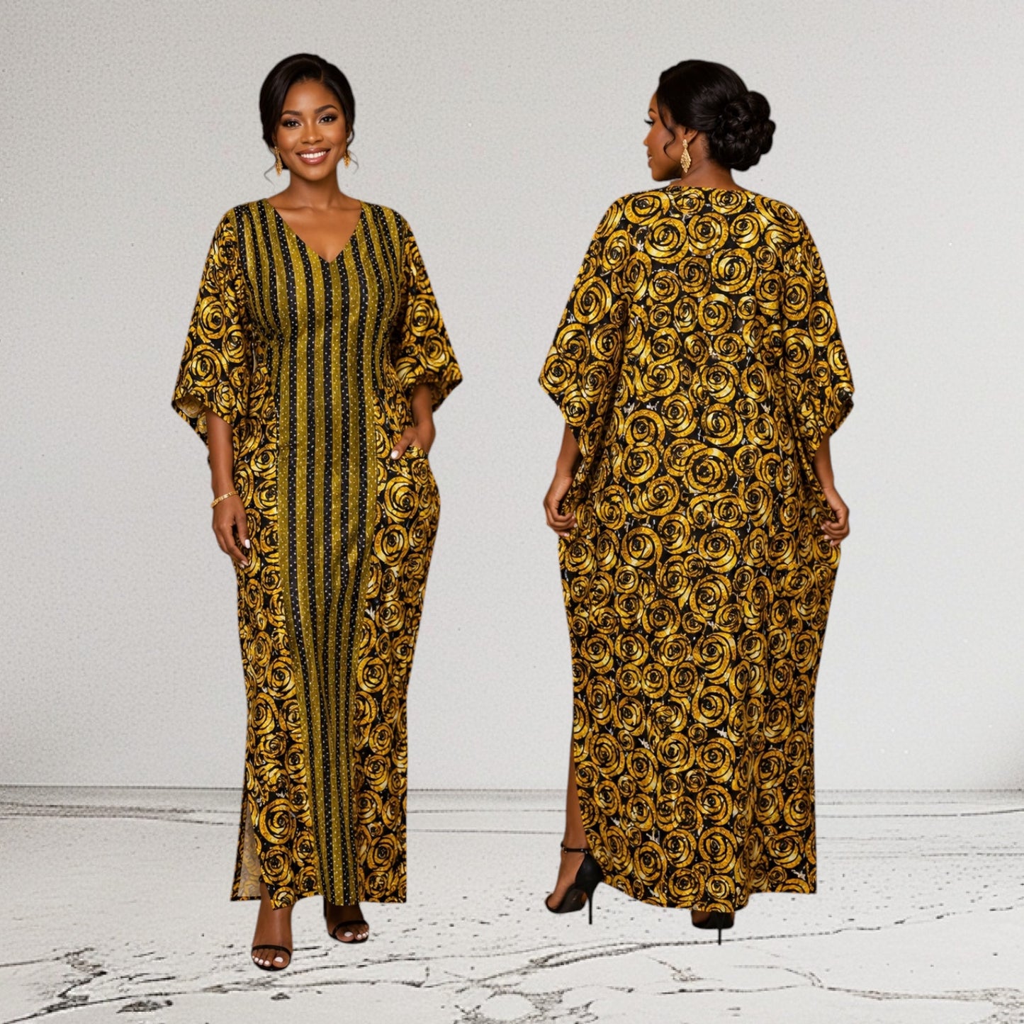 CC Stone Ankara Long Dress Designed With Aso Oke