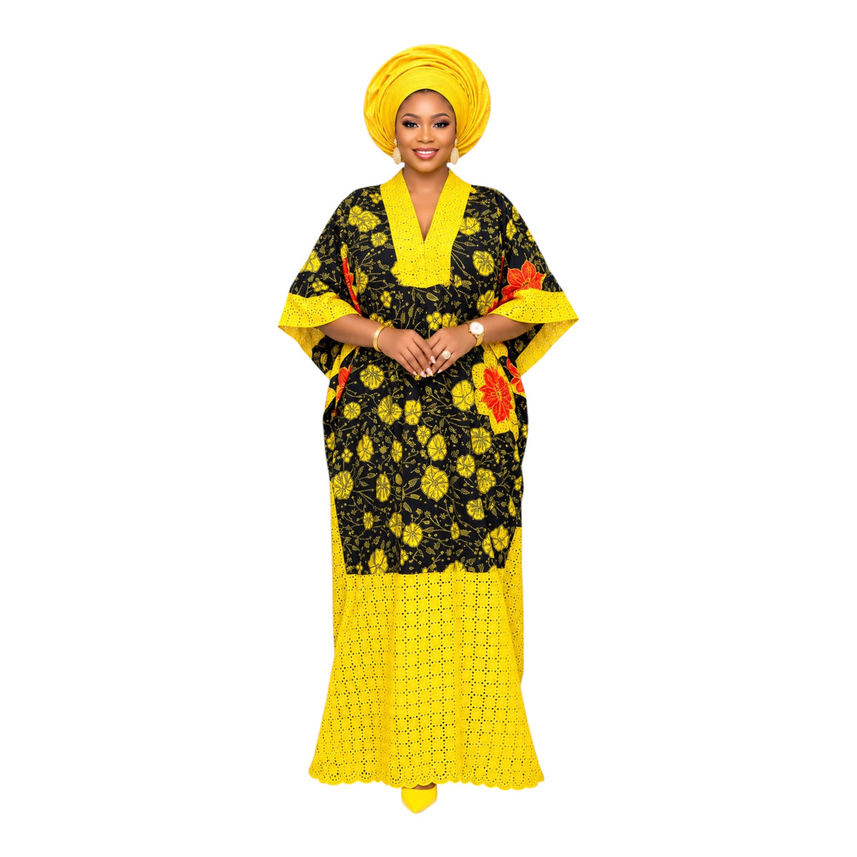 CRZ Elegant Women's Ankara and Dry Lace Bubu Embellished With Rhinestones