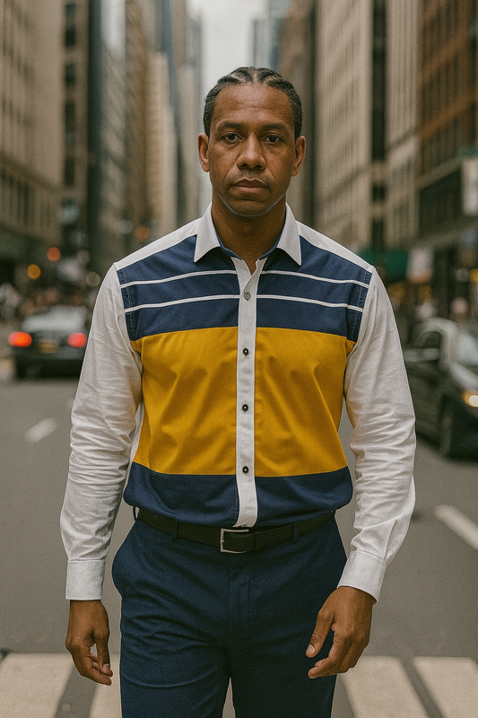 Fassonable Yellow Blue and White Pattern Long Sleeve Men's Shirt with Colorblock Design and Button Details