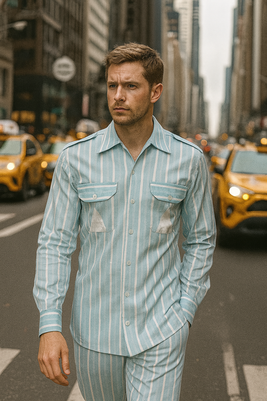 Skyline Stripes Men's 2-Piece Set Shirt and Pant Trouser with Classic Striped Design and Front Pockets Collared Neck Formal & Casual Wear