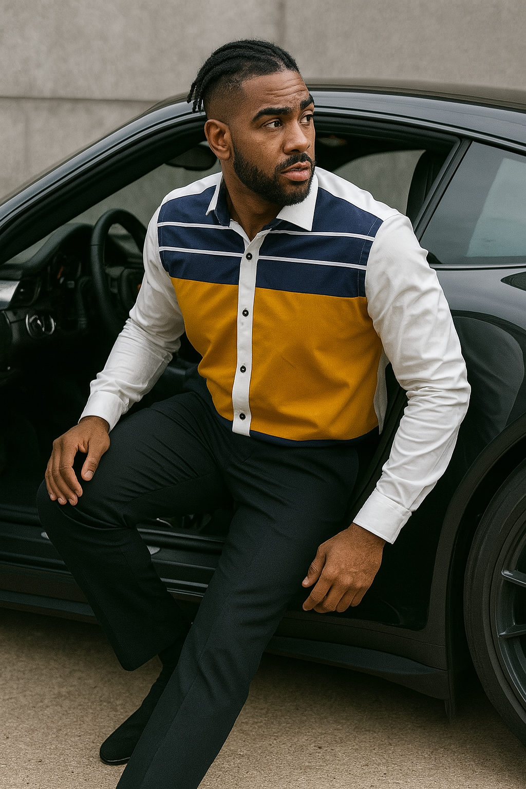 Fassonable Yellow Blue and White Pattern Long Sleeve Men's Shirt with Colorblock Design and Button Details