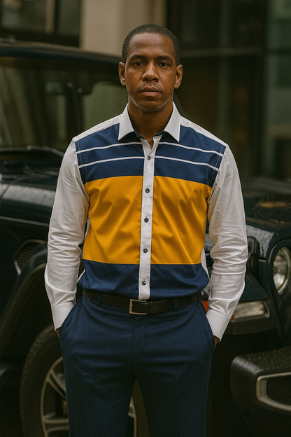 Fassonable Yellow Blue and White Pattern Long Sleeve Men's Shirt with Colorblock Design and Button Details