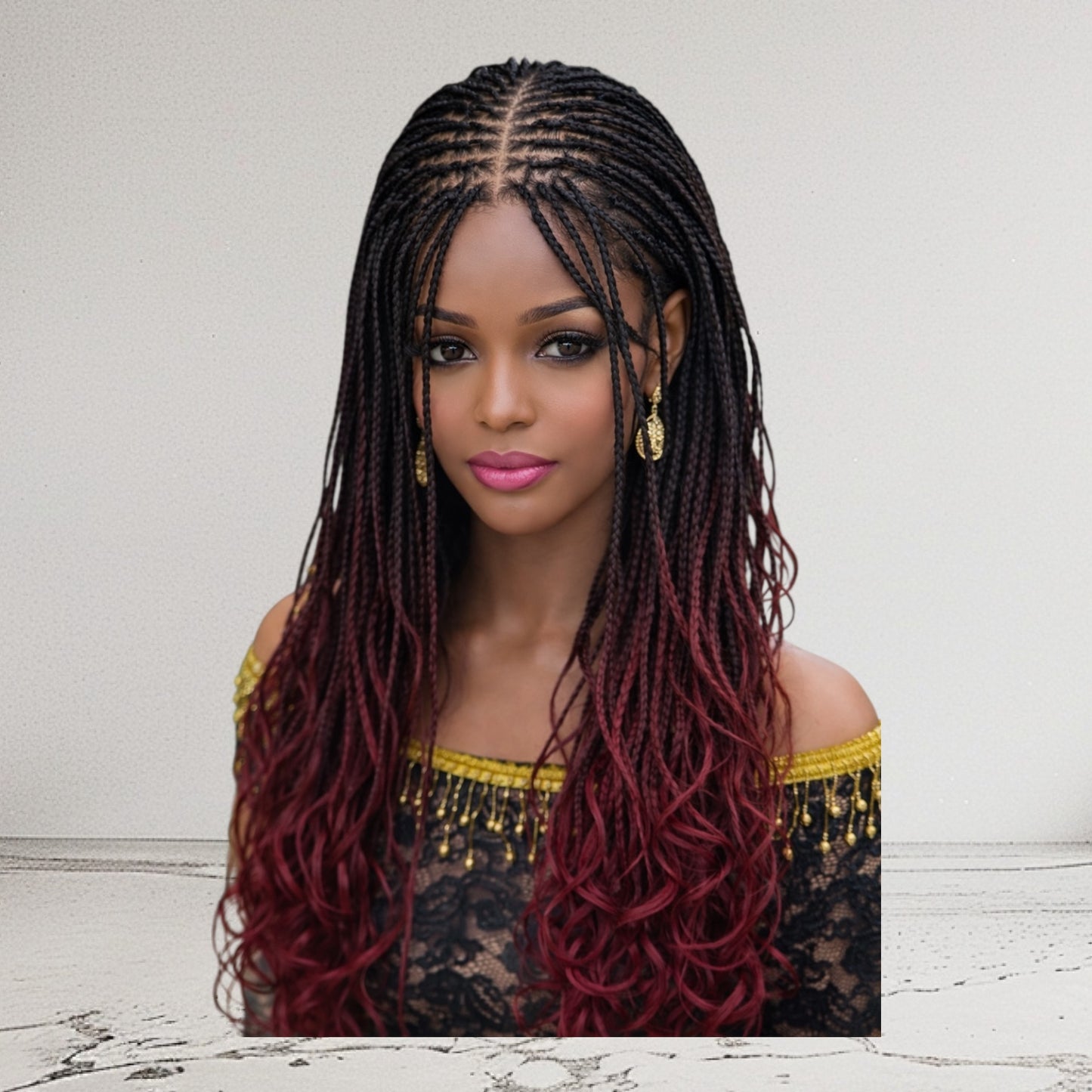 HB Box Braid With Curly Ombre Tips