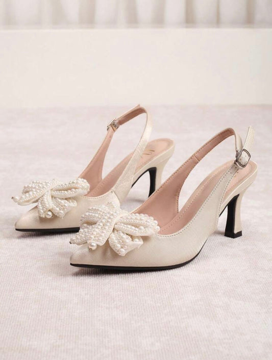 Faux Pearl Bowknot Decorated Pointed Toe High Heels For Women