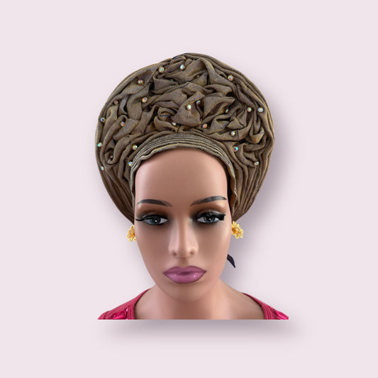 Gold and Blue Shad Aso Oke Auto Gele