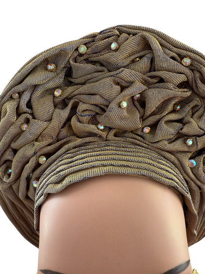 Gold and Blue Shad Aso Oke Auto Gele