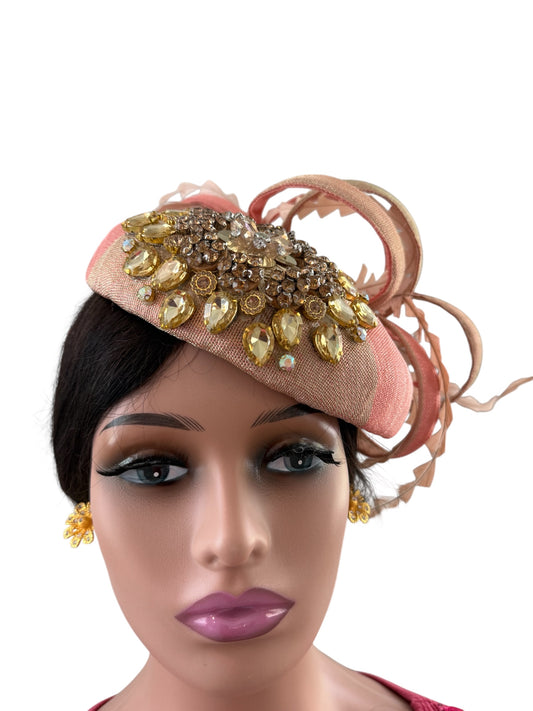 Peach and Gold Shade Hat Made With High Quality Aso Oke