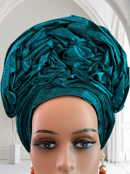 Elegant Turquoise Blue Sego Auto Gele