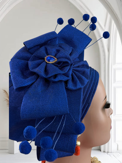 Elegant Royal Blue Aso Oke Auto Gele