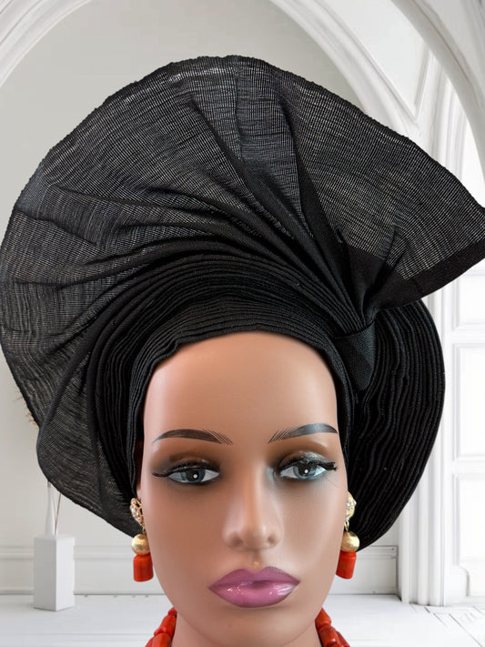 Elegant Black Aso Oke Auto Gele