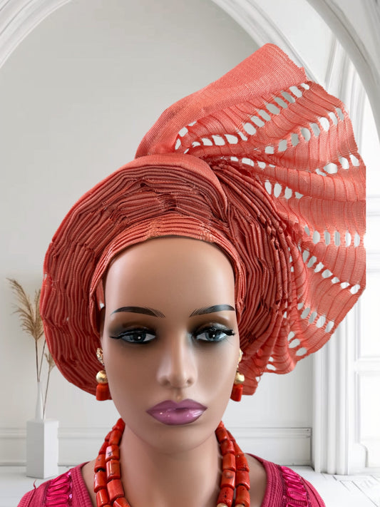 Peach Perforated Aso Oke Auto Gele