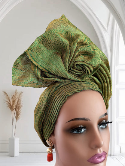 Green and Gold Aso Oke Auto Gele