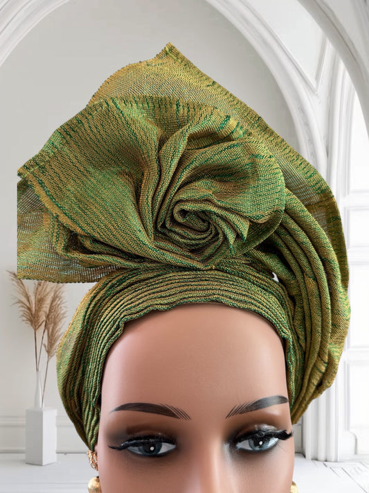 Green and Gold Aso Oke Auto Gele