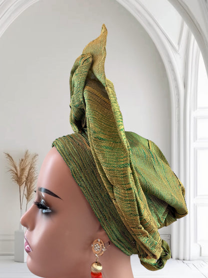 Green and Gold Aso Oke Auto Gele