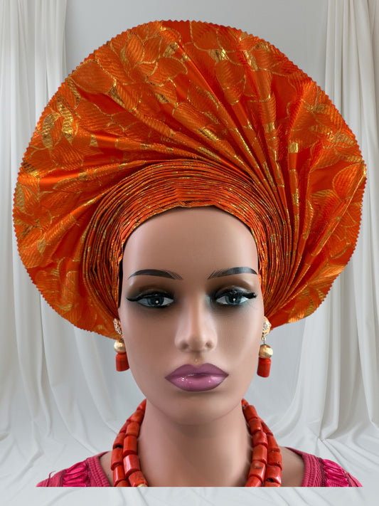 Vibrant Orange Sego Auto Gele
