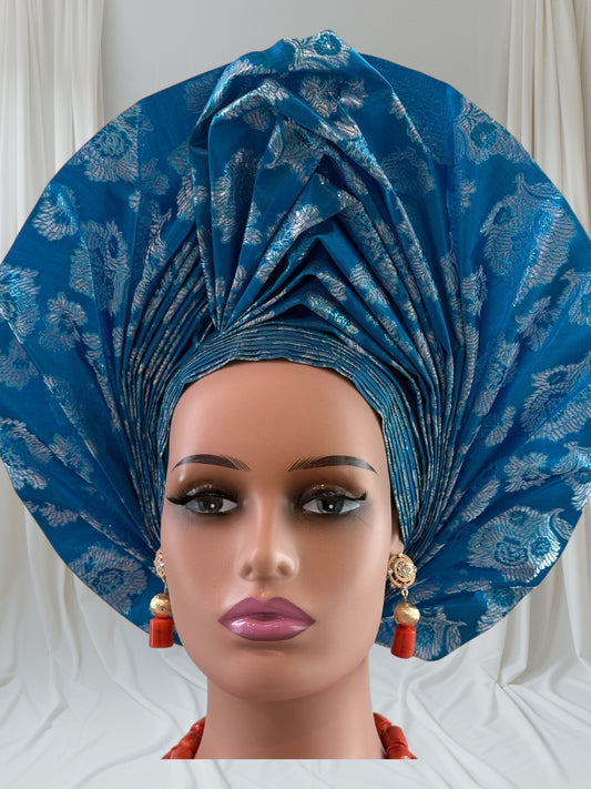 Elegant Turquoise Blue Sego Auto Gele