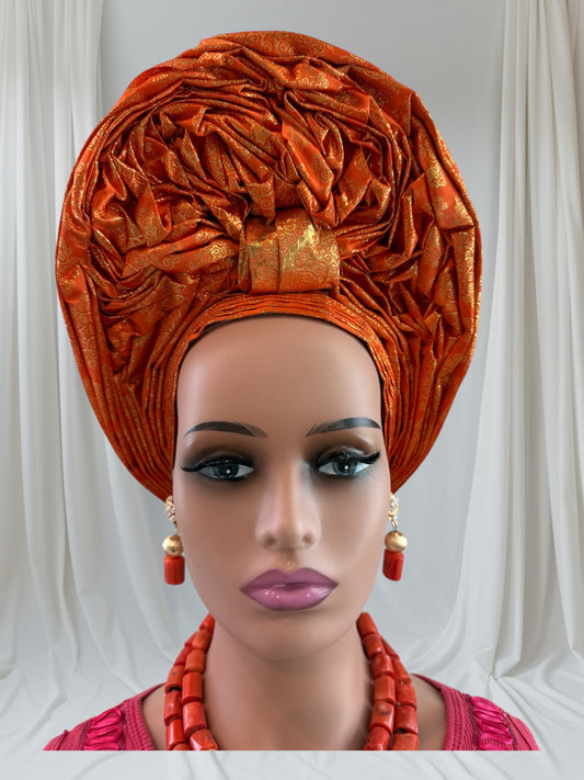 Vibrant Orange Sego Auto Gele