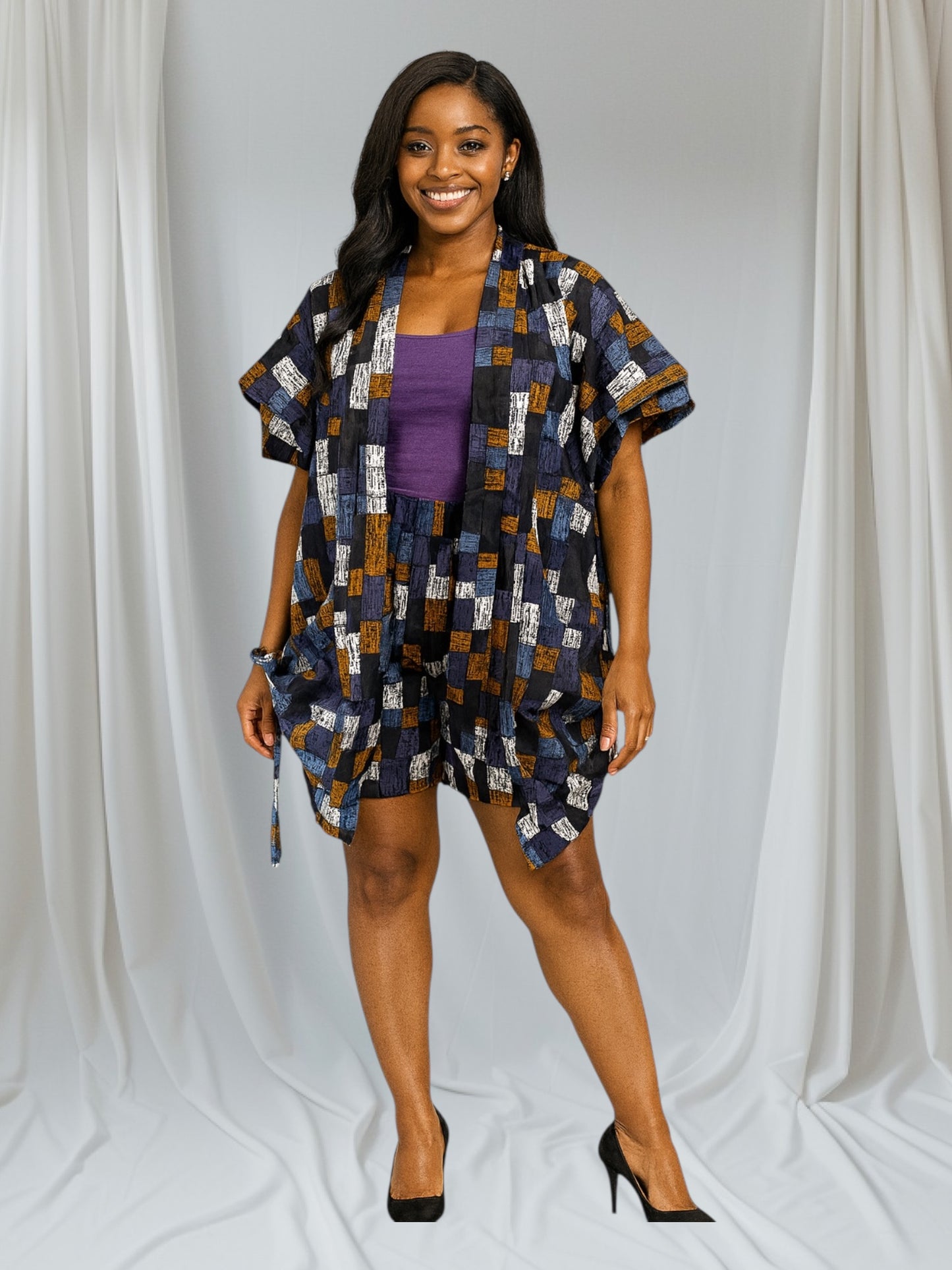 CRZ Vibrant Multicolor Kimono Jacket and Short Pant 2PC Set