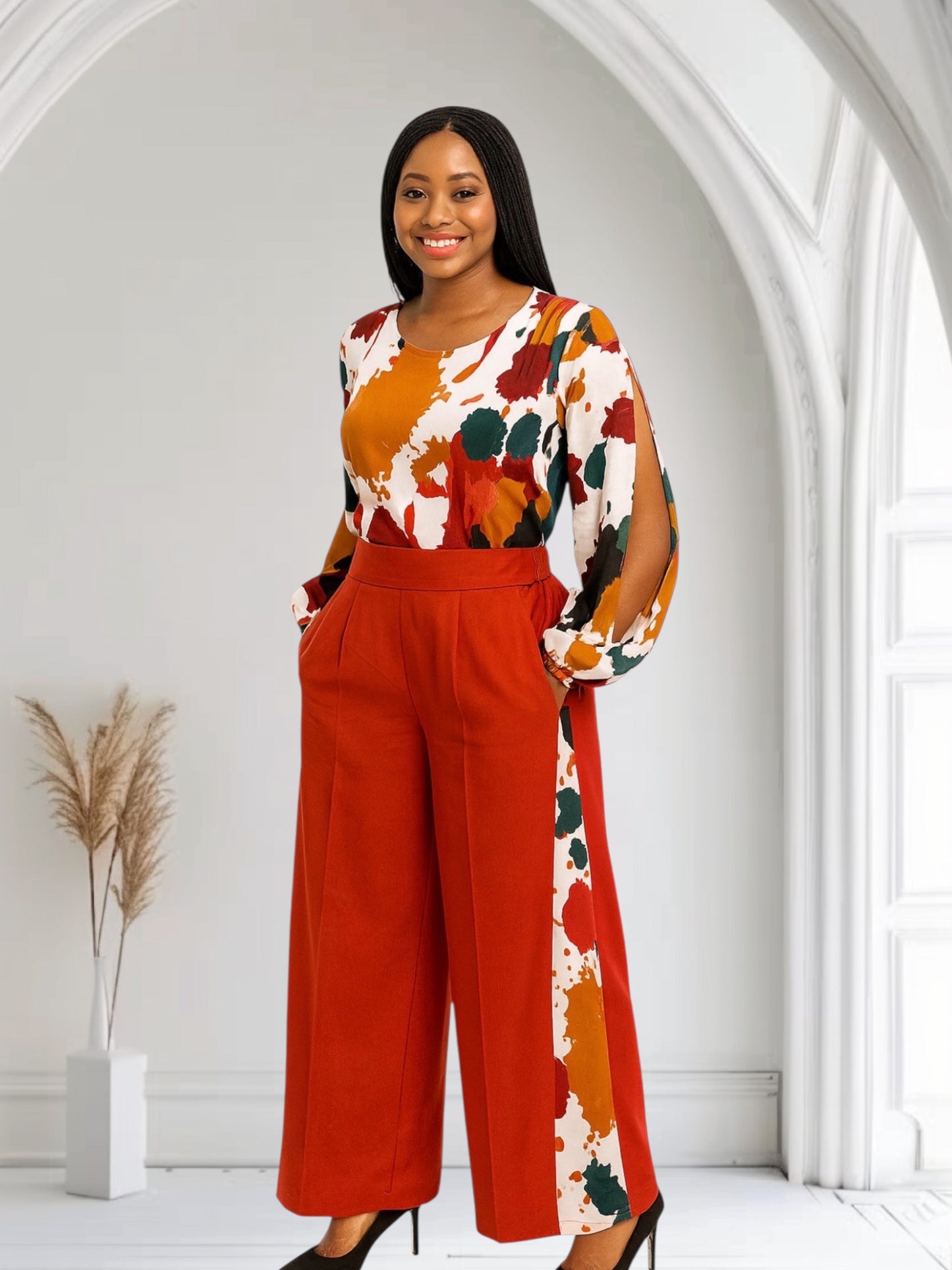 CRZ Crepe Fabric Abstract Bloom Two-Piece Set Top and Pant Trouser Detailed Side Design