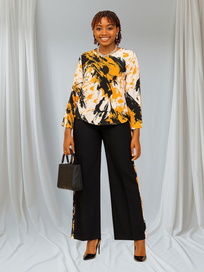CRZ Crepe Fabric Abstract Bloom Two-Piece Set Top and Pant Trouser Detailed Side Design