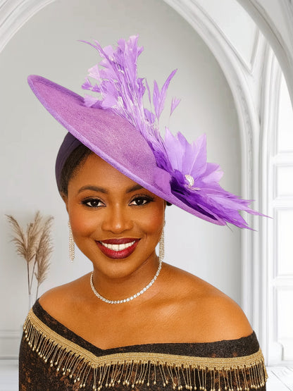 Elegant Light Purple Sinamay Hat Embellished With Feathers