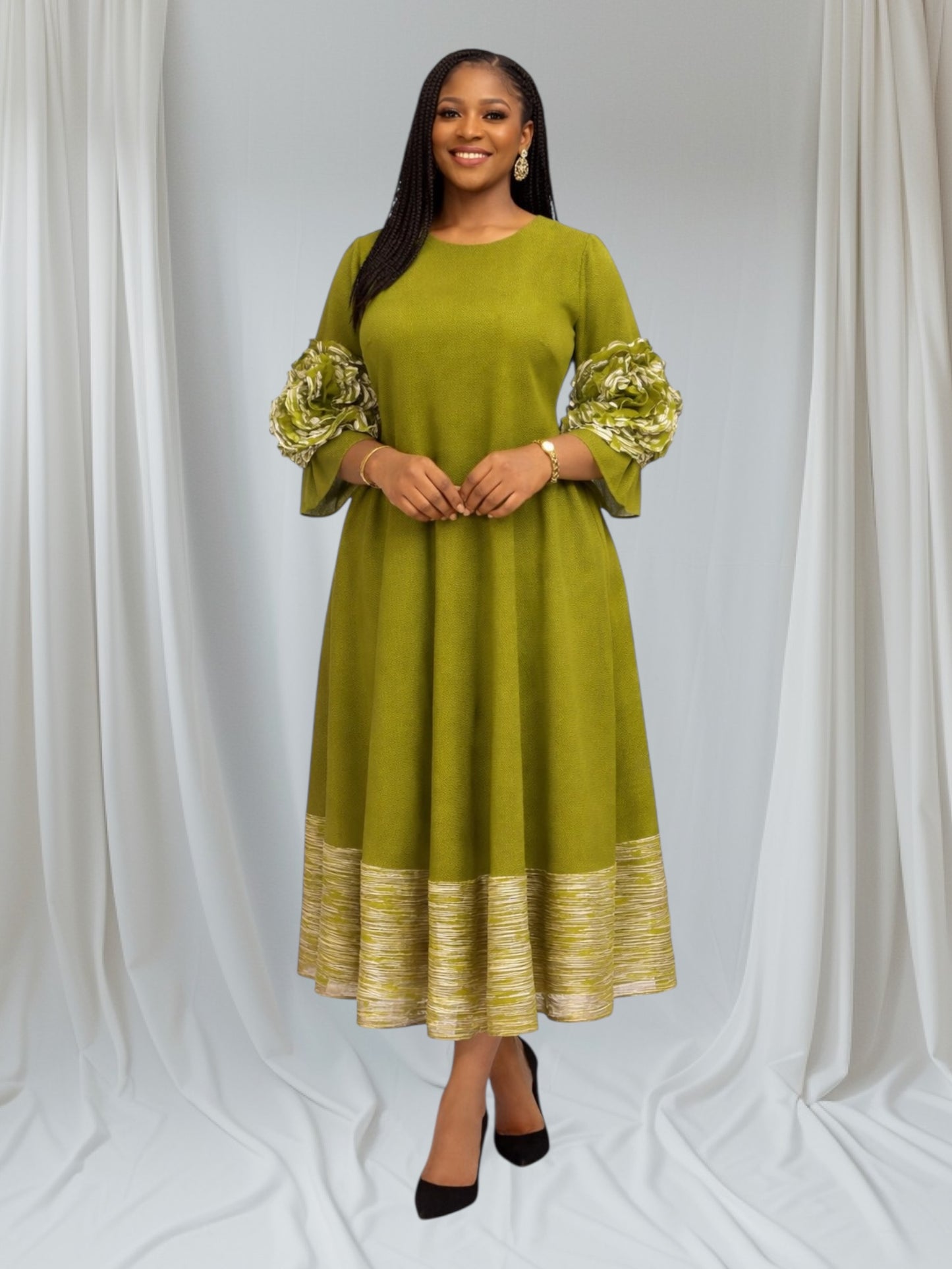 CRZ Miyaki Pleated Dress With Gold Color Stripes CY2195