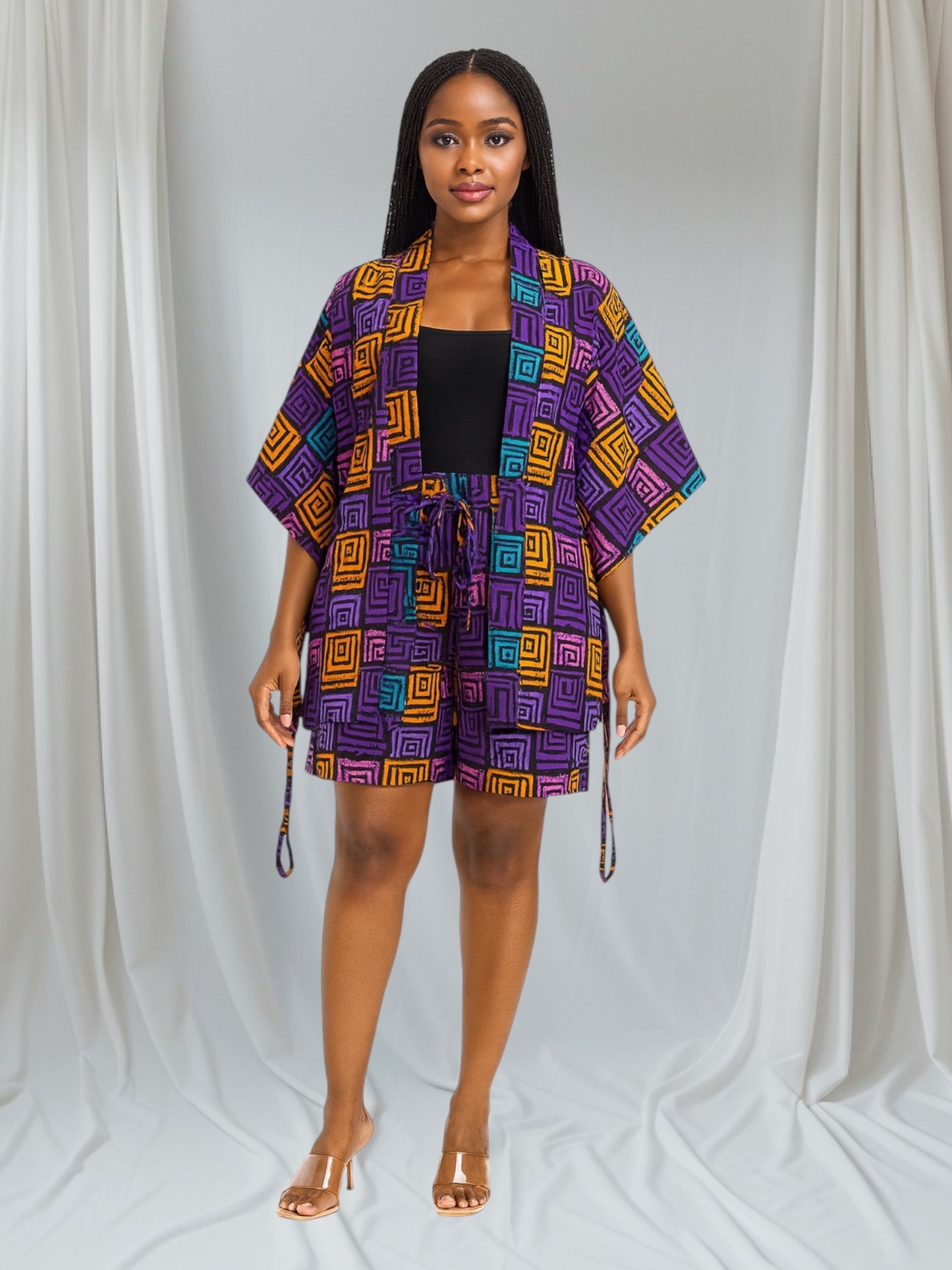 CRZ Vibrant Multicolor Kimono Jacket and Short Pant 2PC Set
