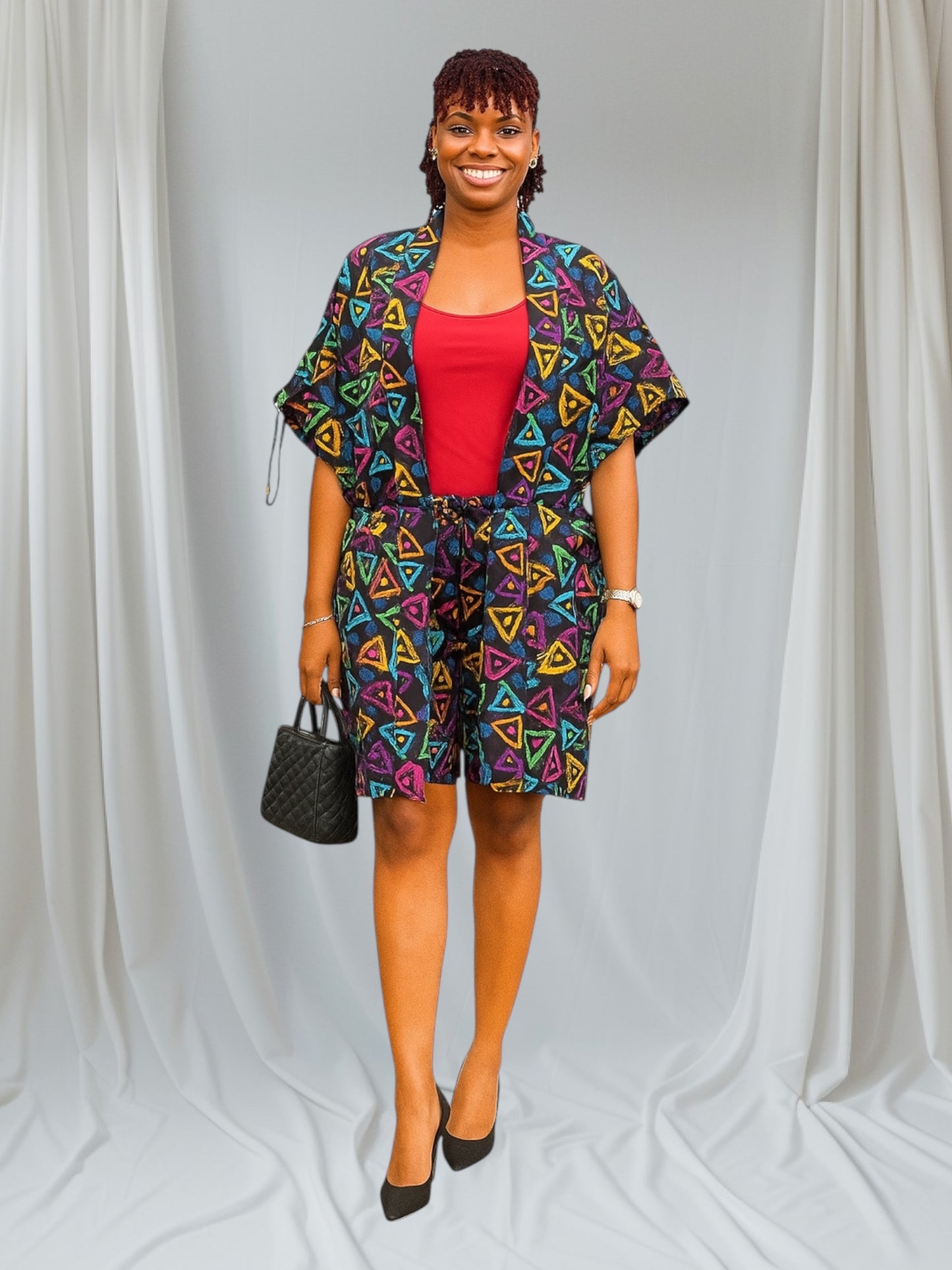 CRZ Vibrant Multicolor Kimono Jacket and Short Pant 2PC Set