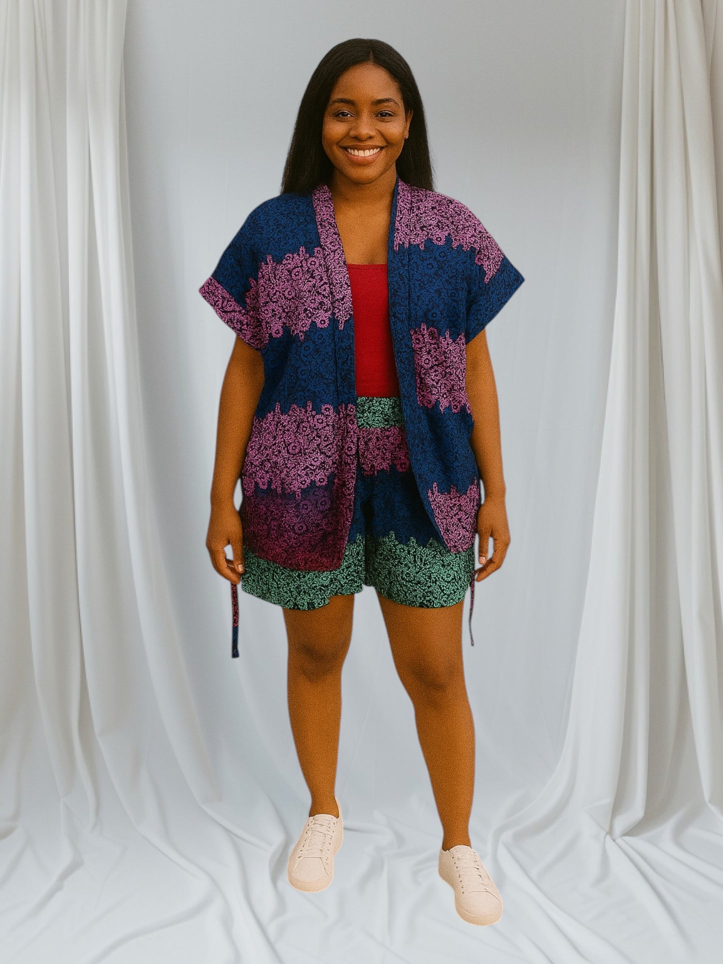 CRZ Vibrant Multicolor Kimono Jacket and Short Pant 2PC Set