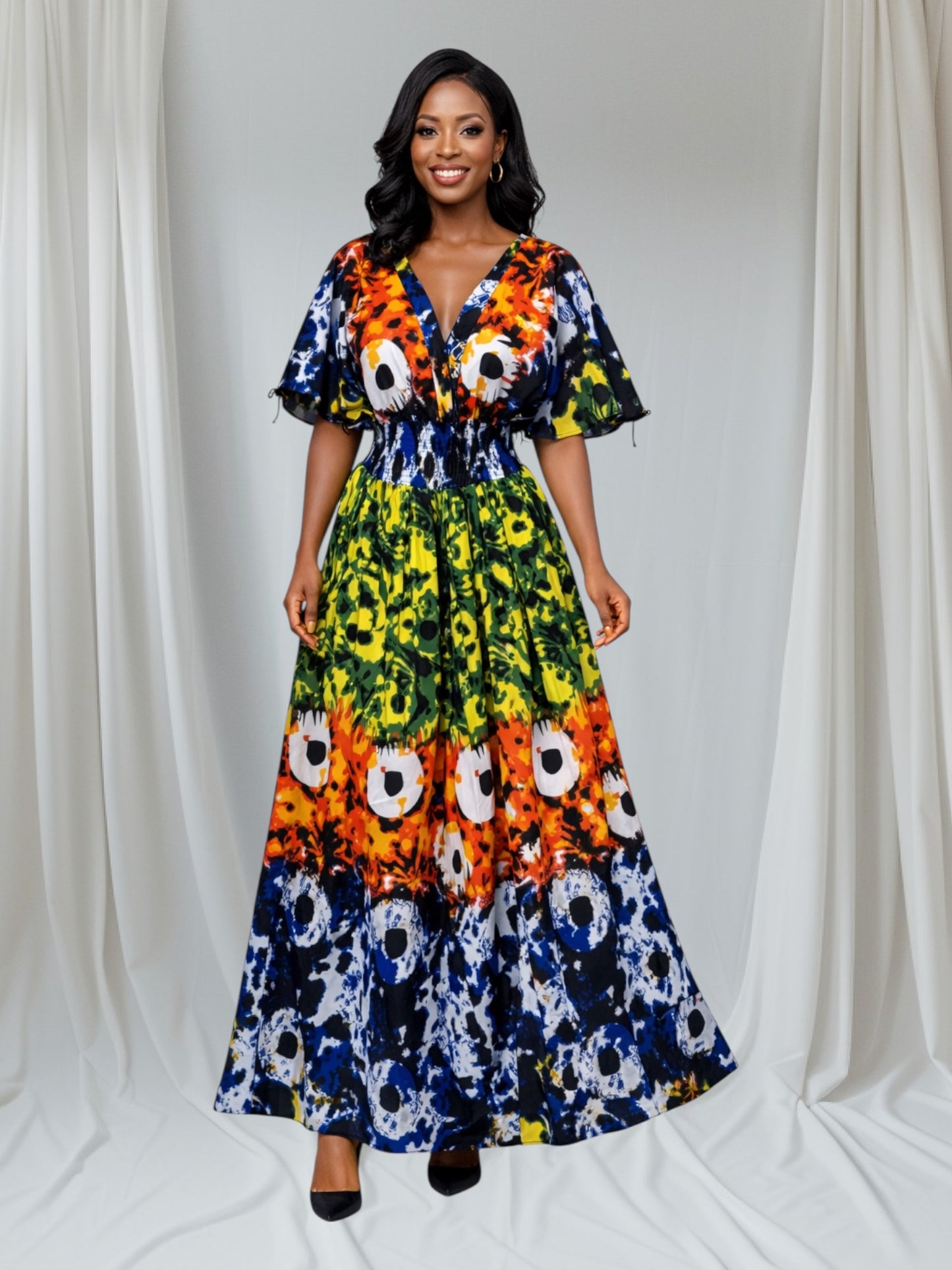 CRZ African Print Maxi Dress With Smoked Waist