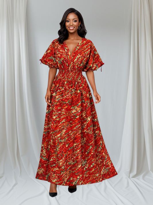 CRZ African Print Maxi Dress With Smoked Waist