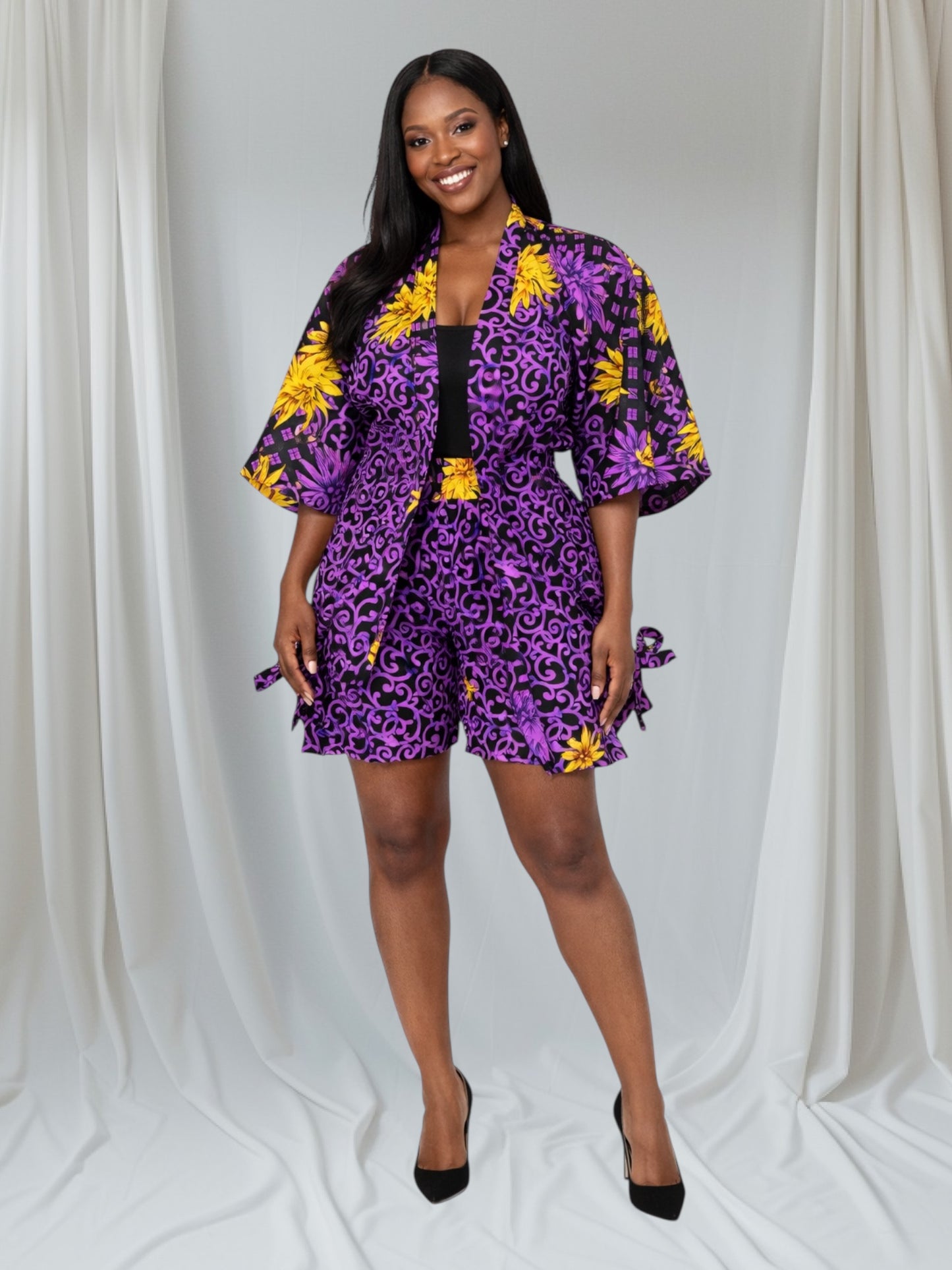 CRZ Vibrant Multicolor Kimono Jacket and Short Pant 2PC Set