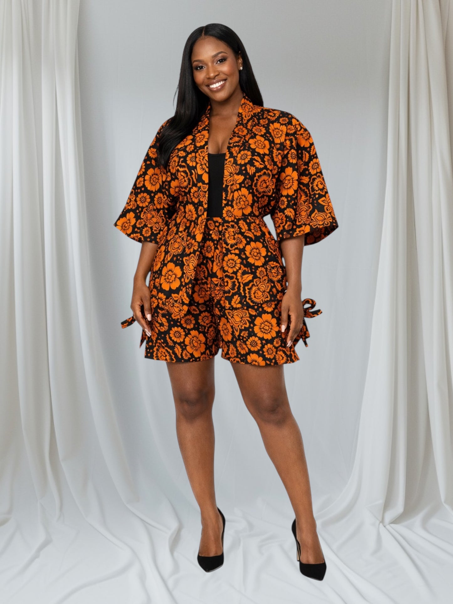 CRZ Vibrant Multicolor Kimono Jacket and Short Pant 2PC Set